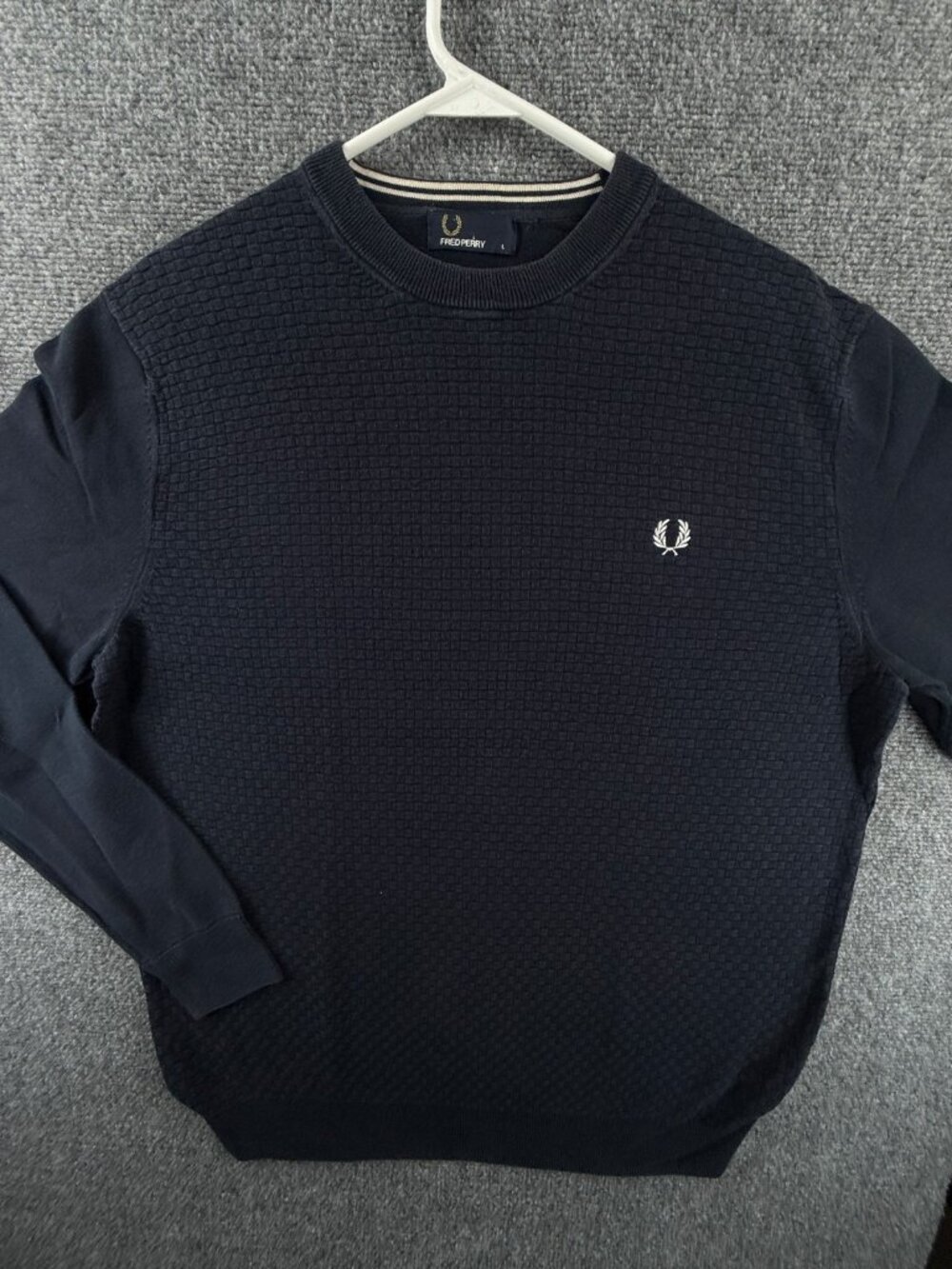 Fred Perry Men Knit Weave Sweater Large Blue Knit Crew Neck Cotton Stretch Adult